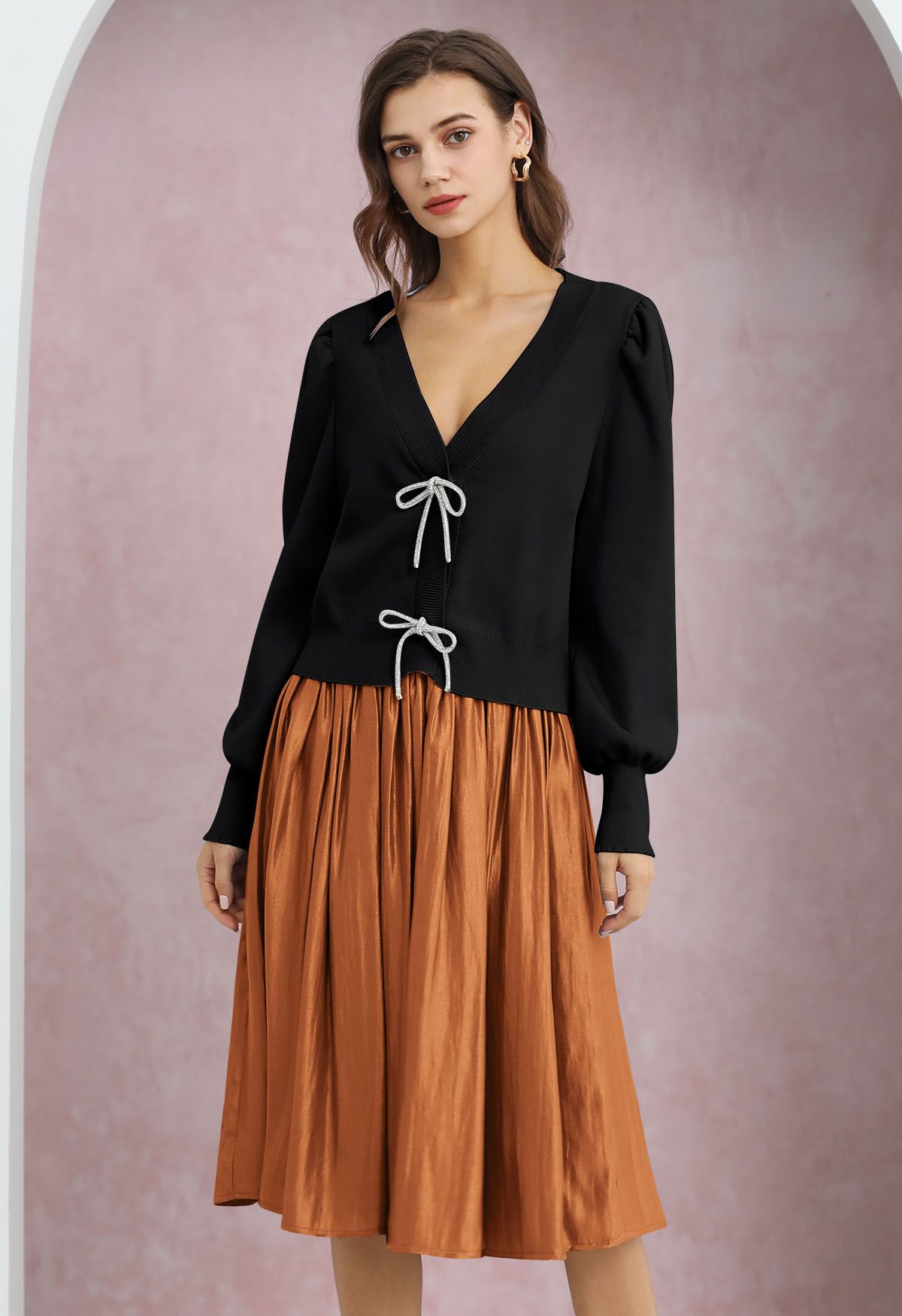 Glossy Orange Pleated Midi Skirt