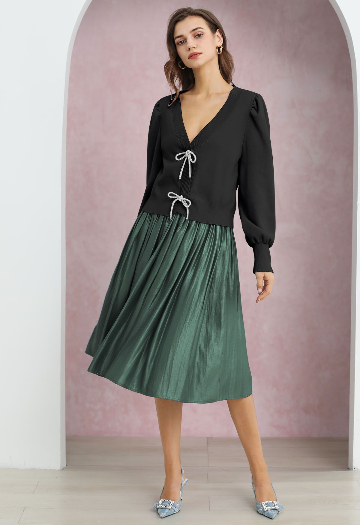 Glossy Emerald Pleated Midi Skirt