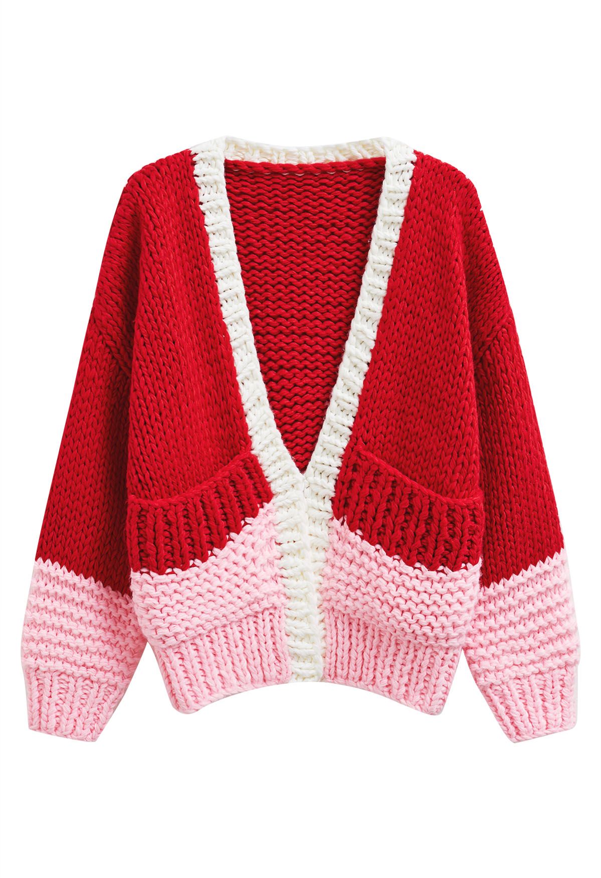 Color Blocked Hand-Knit Chunky Cardigan in Red