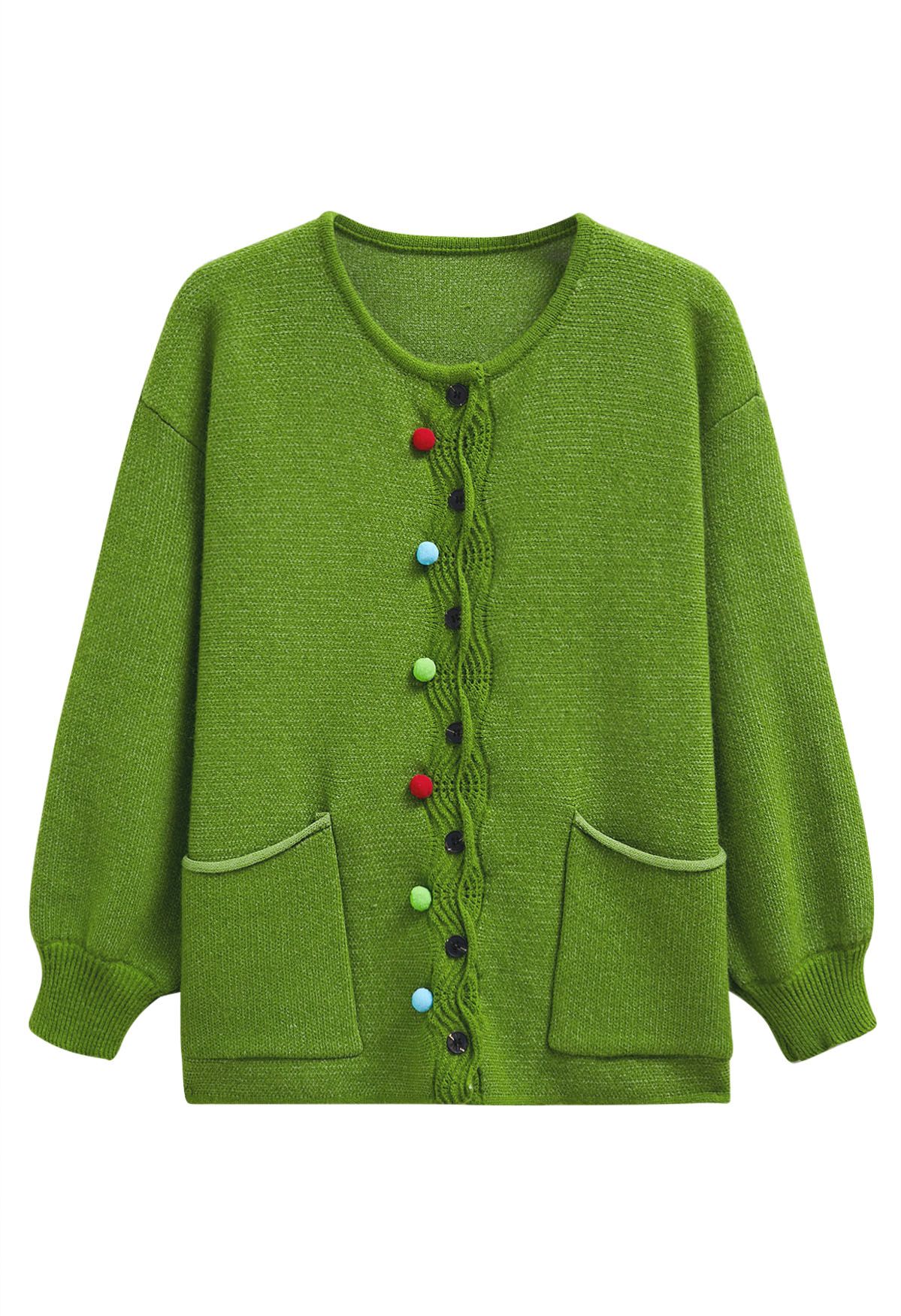 Colorful Pom-Pom Wavy Buttoned Patch Pocket Knit Cardigan in Green