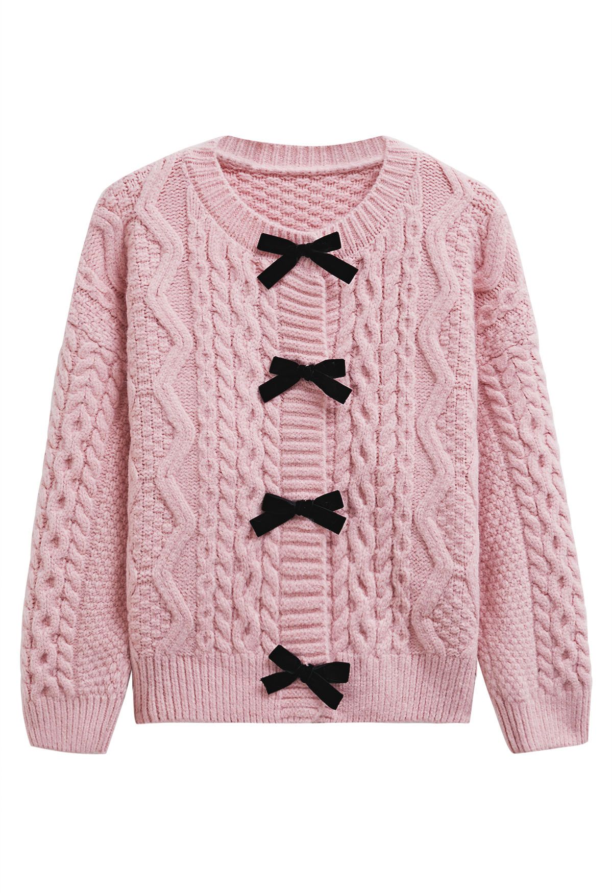 Bowknot Snap Button Braid Knit Cardigan in Pink