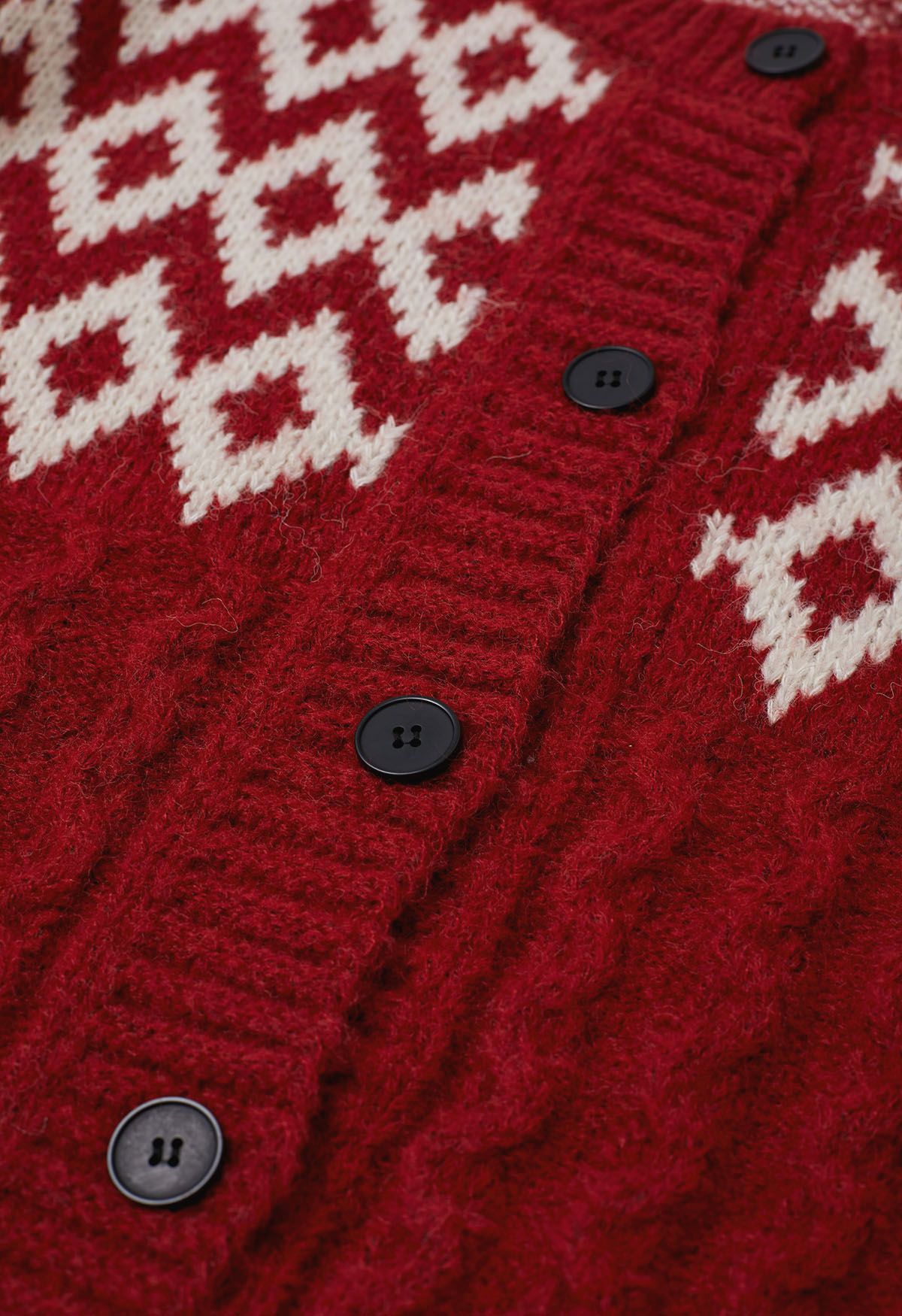 Festive Geometric Button Down Knit Cardigan in Red