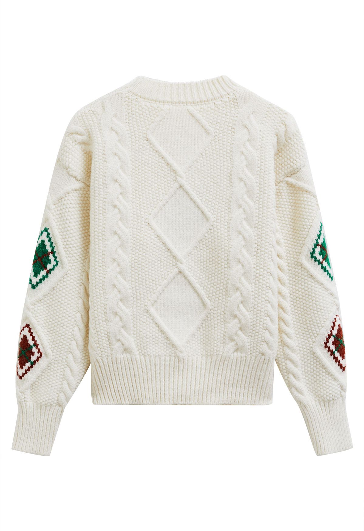 Festive Geometric Braid Knit Sweater in White