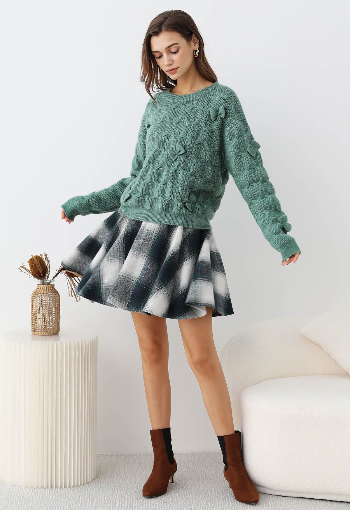 Playful Bow Geometric Textured Knit Sweater in Green