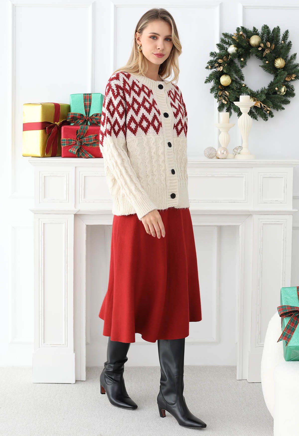 Solid Color A-Line Knit Midi Skirt in Red