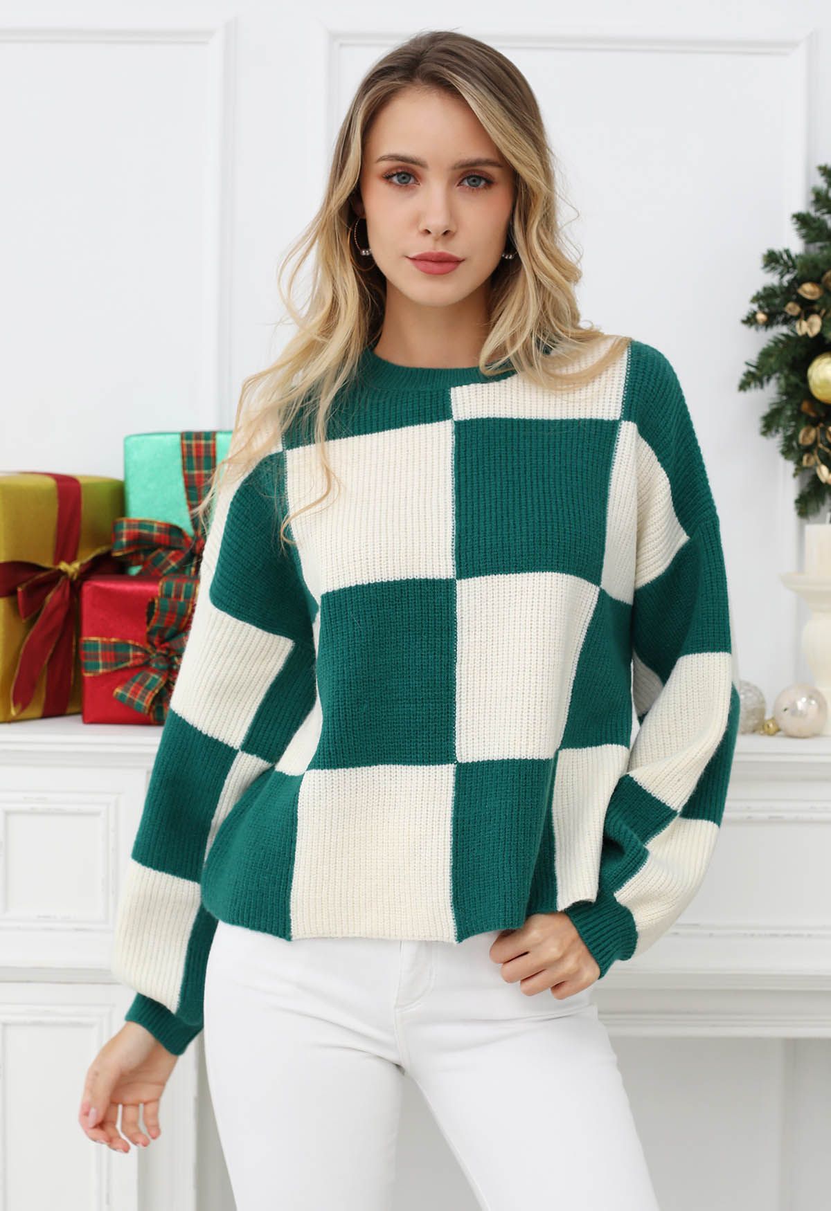 Merry Check Dropped Shoulder Knit Sweater