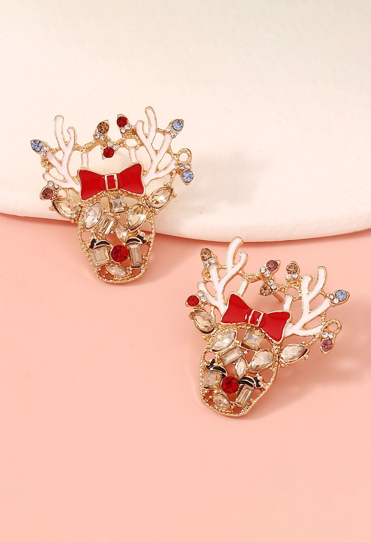 Golden Deer Rhinestone Oil Spill Earrings in Red Bow