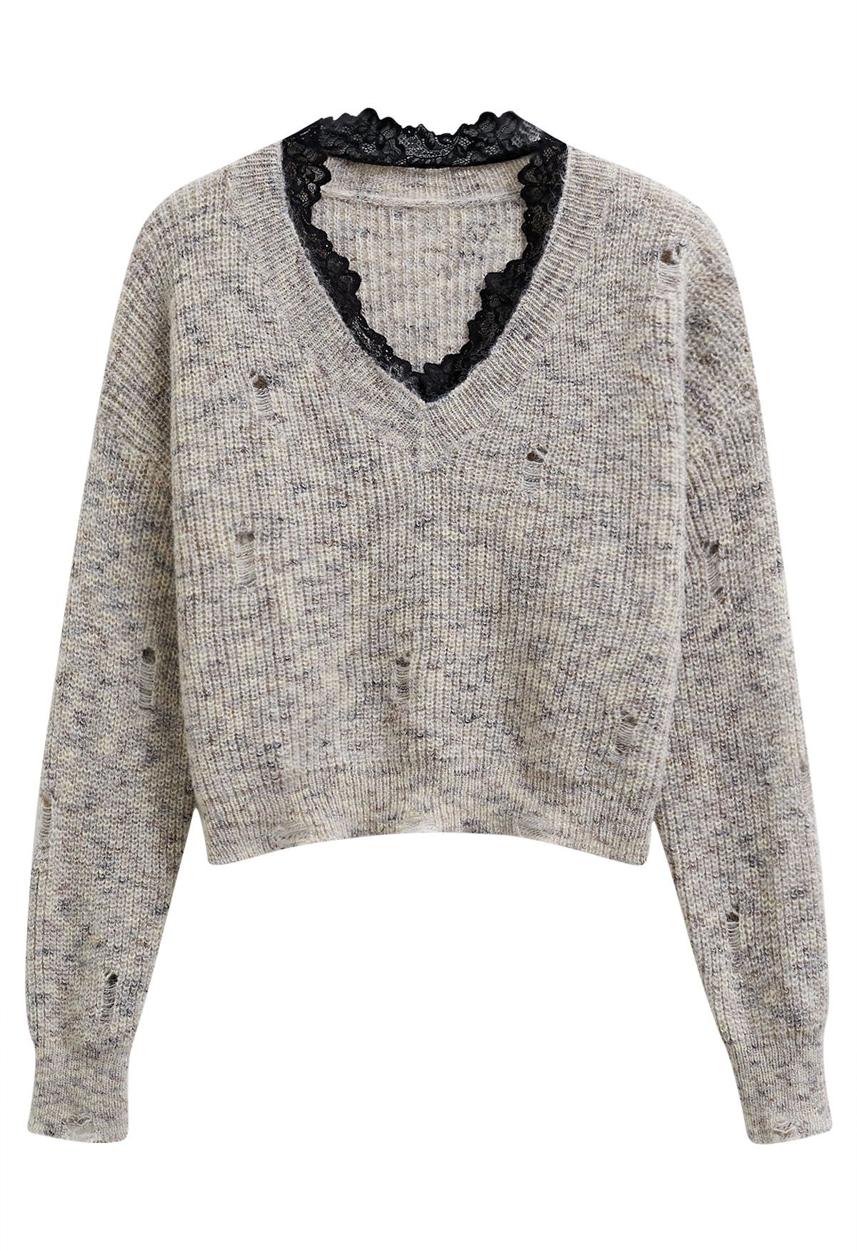 Soft Contrast Lace Neckline Ripped Knit Top in Grey