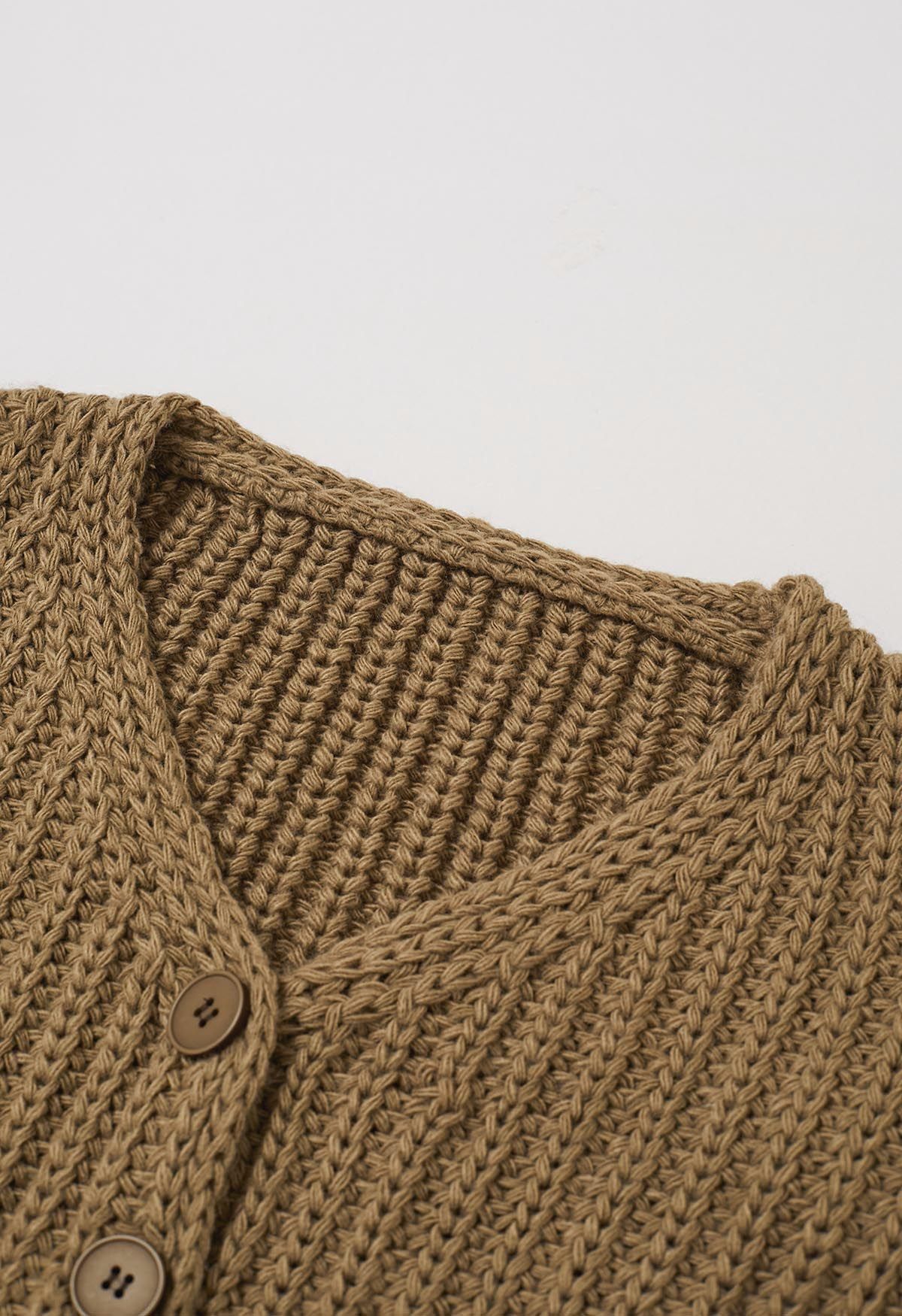 Hand-Knit Drop-Shoulder Buttoned Crop Cardigan in Khaki