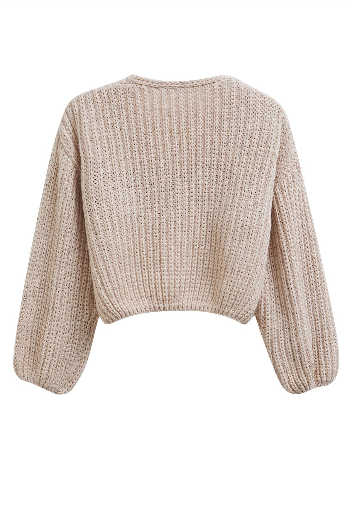 Hand-Knit Drop-Shoulder Buttoned Crop Cardigan in Light Pink