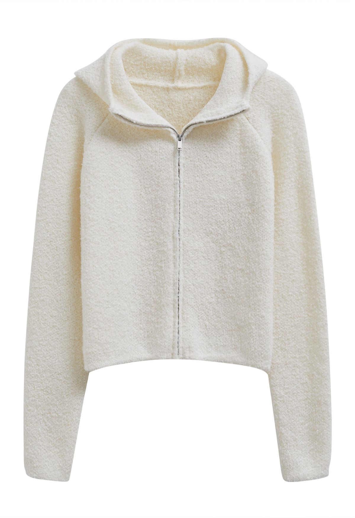 Winter Essentials Hooded Zip-Up Knit Cardigan in Ivory