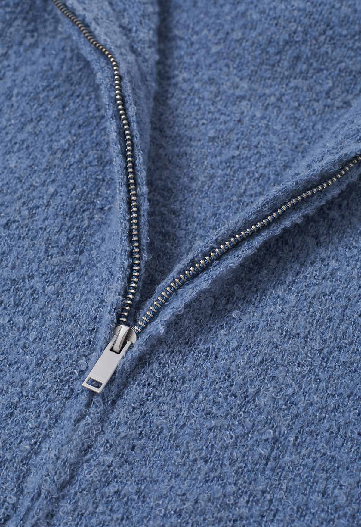 Winter Essentials Hooded Zip-Up Knit Cardigan in Blue