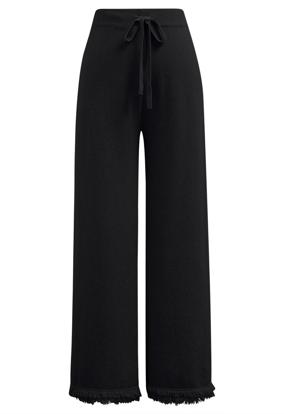 Casual Tie-String Fringed Knit Pants in Black