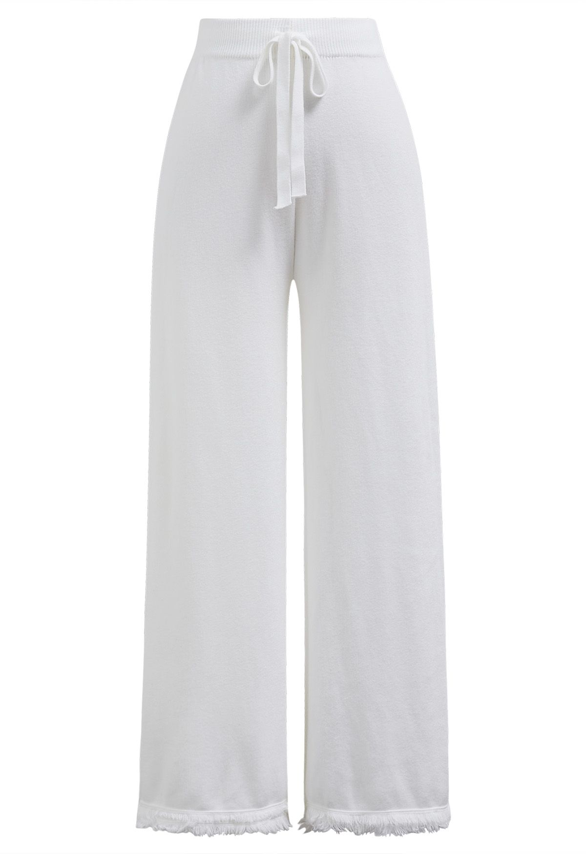 Casual Tie-String Fringed Knit Pants in White