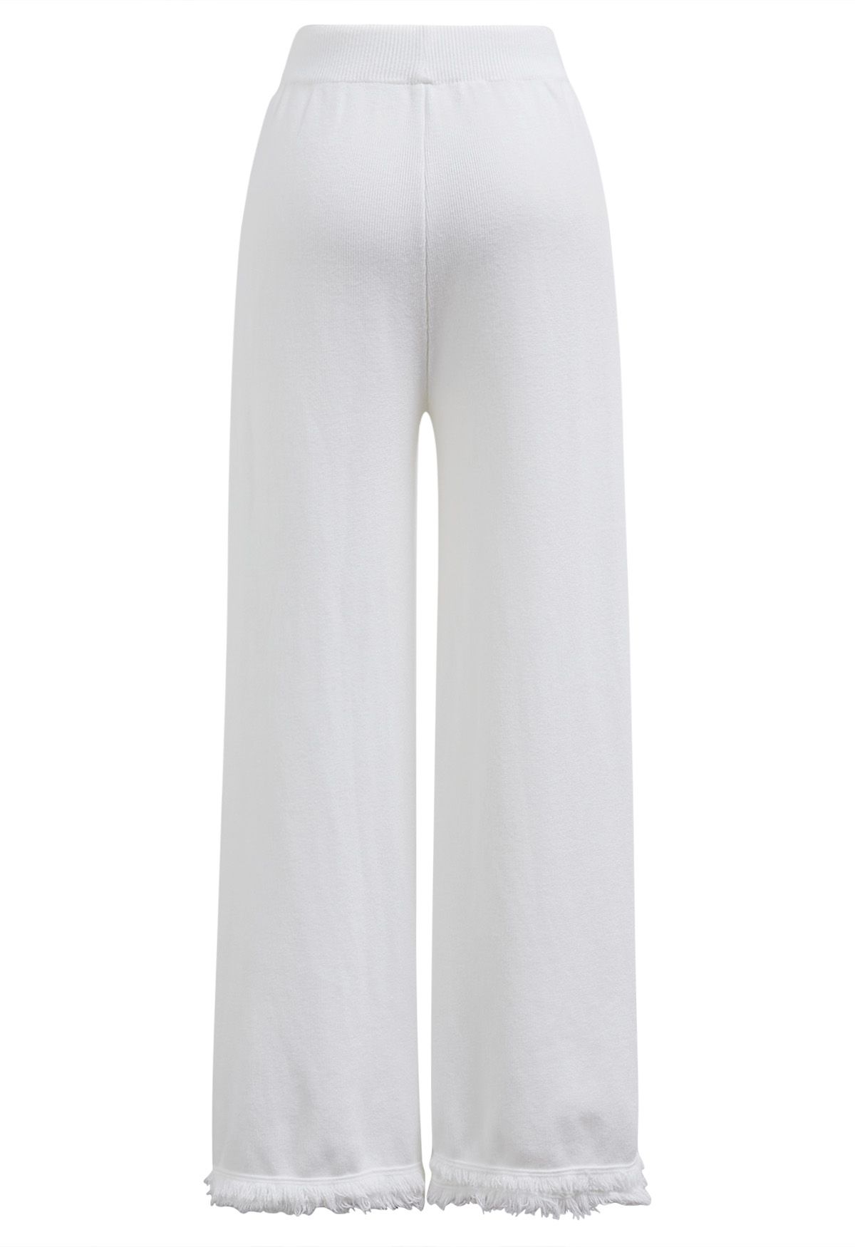 Casual Tie-String Fringed Knit Pants in White