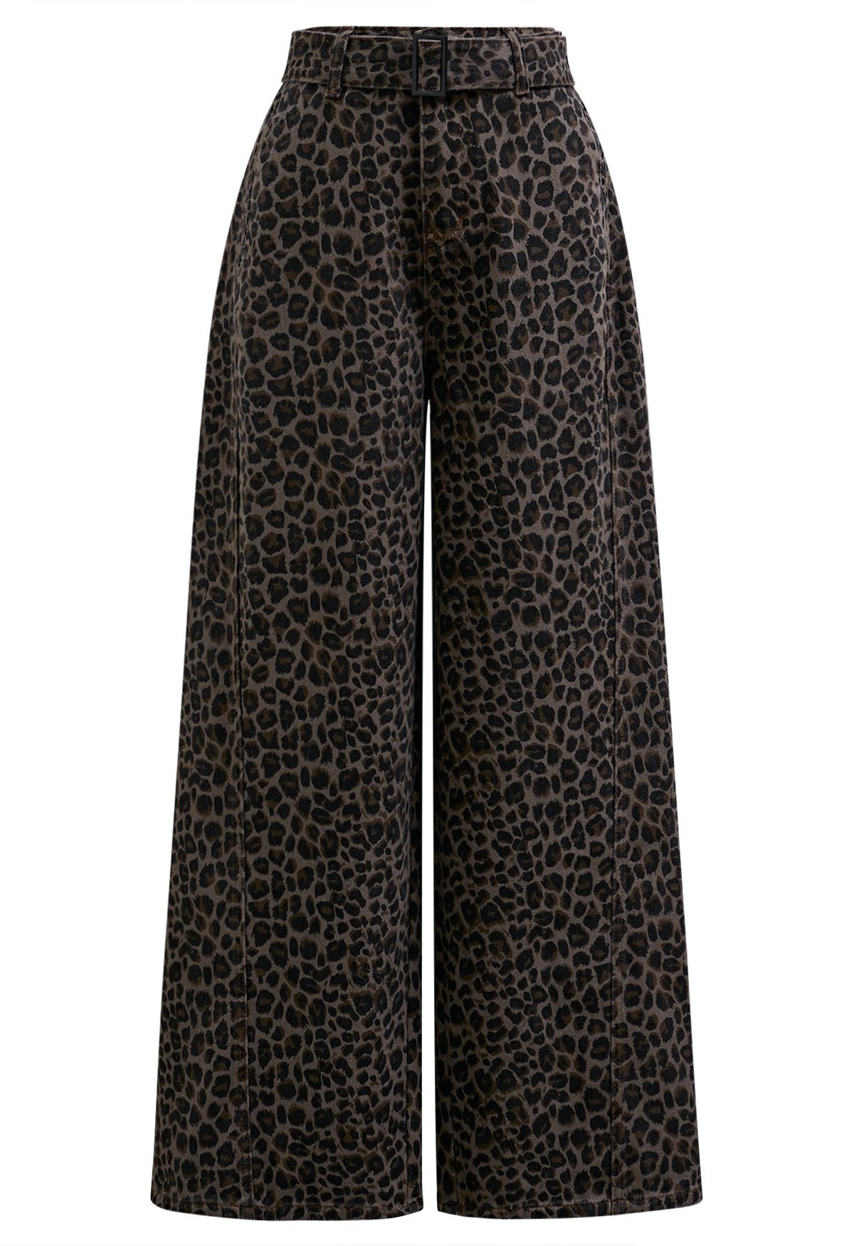 Classic Belted High-Waist Wide-Leg Jeans in Leopard Print