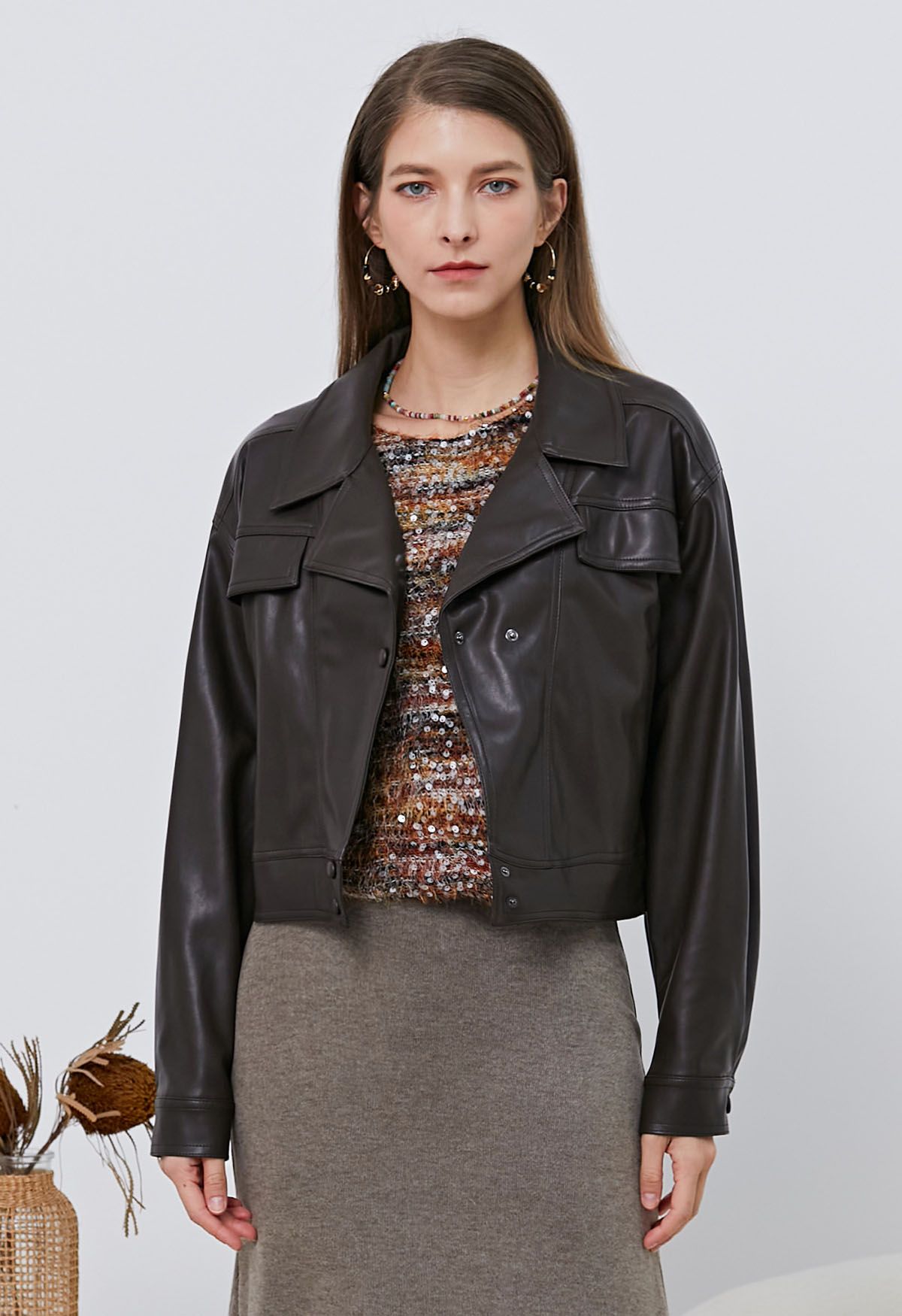 Faux Leather Fake Flap Pocket Stud Button Jacket in Brown