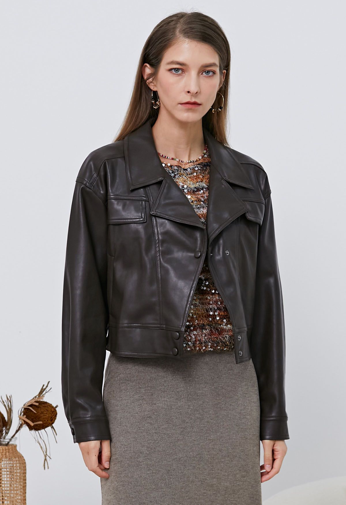 Faux Leather Fake Flap Pocket Stud Button Jacket in Brown