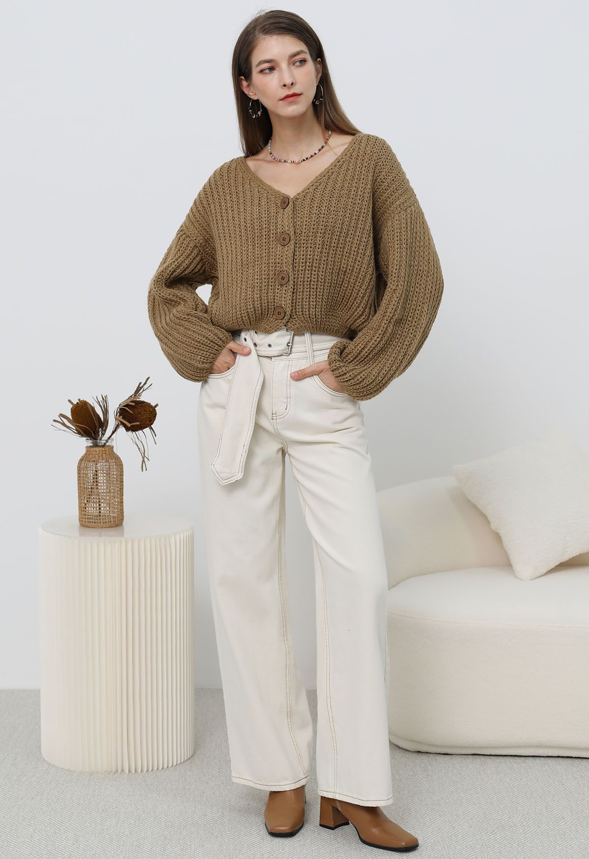 Hand-Knit Drop-Shoulder Buttoned Crop Cardigan in Khaki