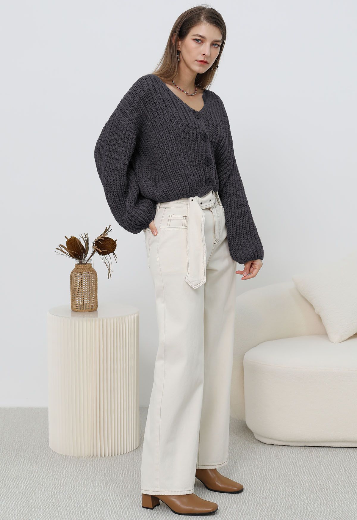 Hand-Knit Drop-Shoulder Buttoned Crop Cardigan in Smoke