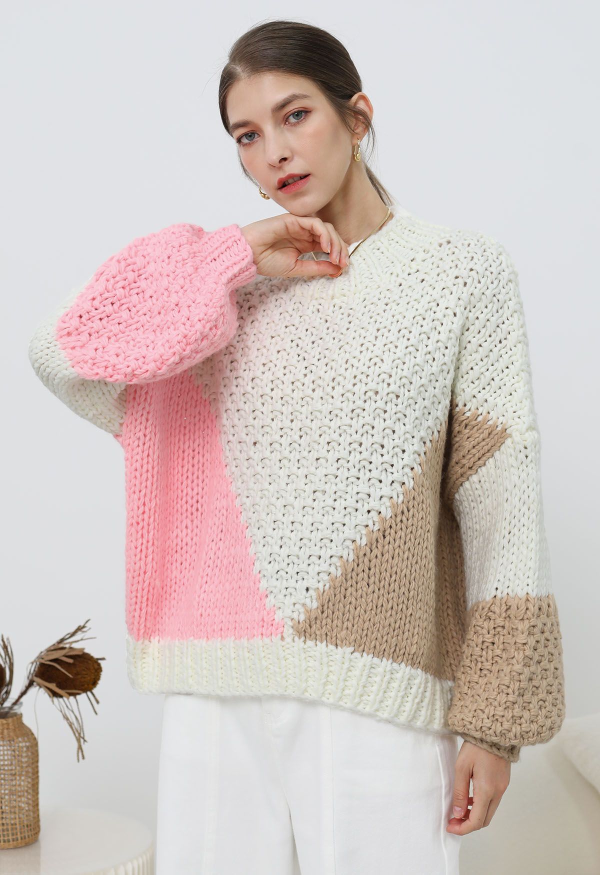 Geometric Color Block Chunky Hand-Knit Sweater