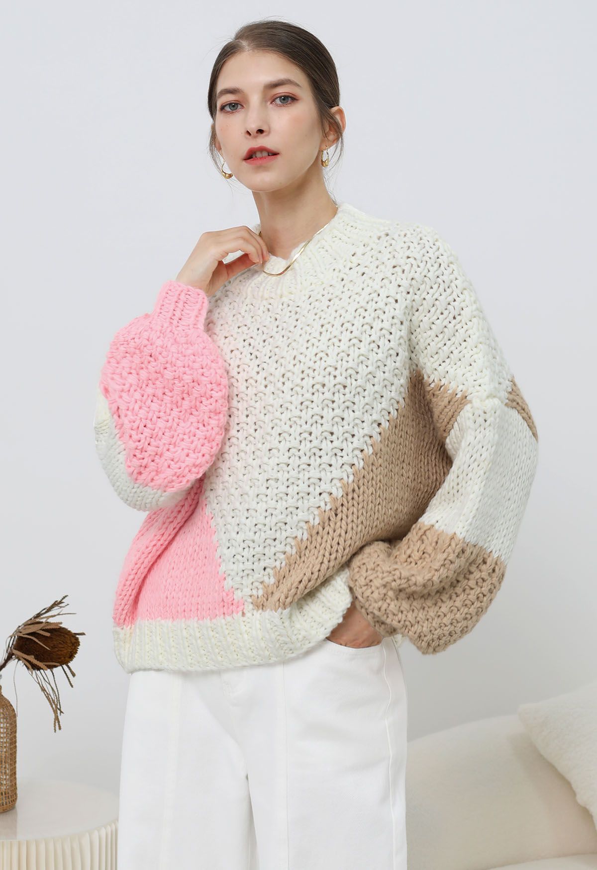 Geometric Color Block Chunky Hand-Knit Sweater