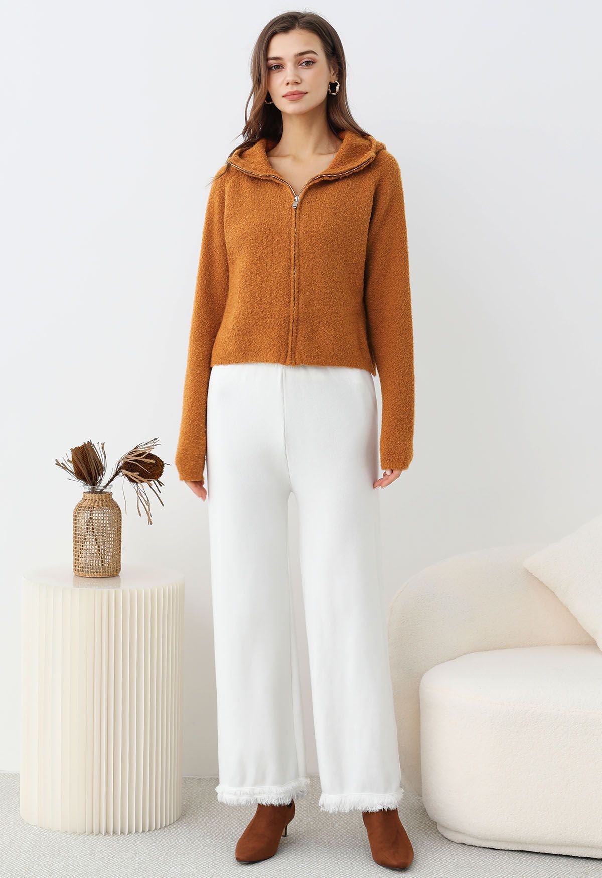 Winter Essentials Hooded Zip-Up Knit Cardigan in Orange