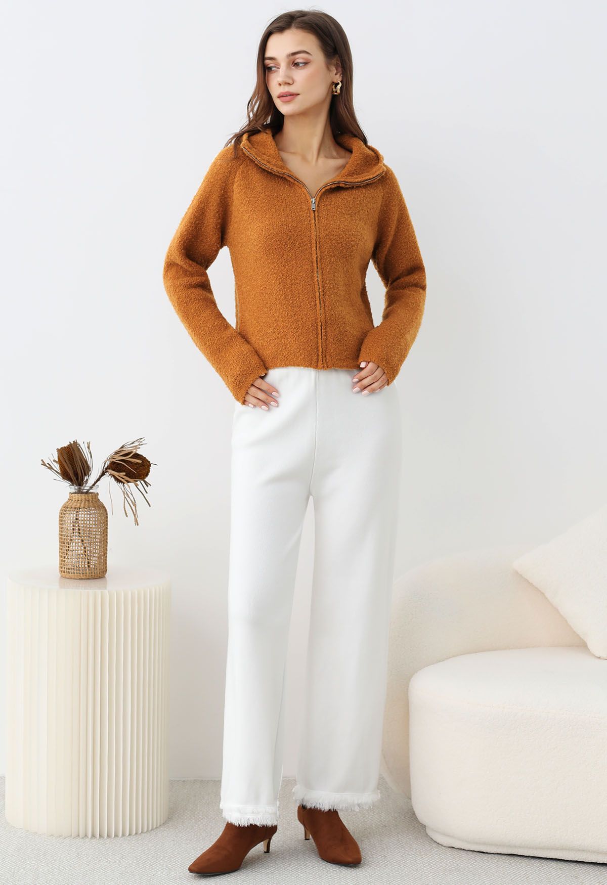 Casual Tie-String Fringed Knit Pants in White