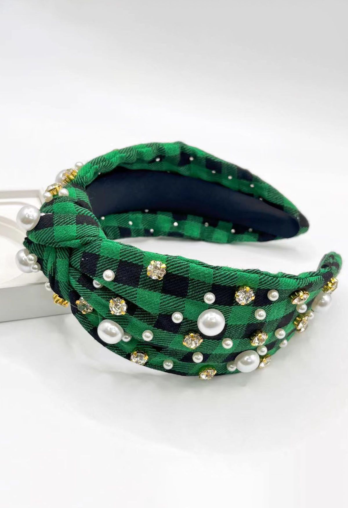 Classic Plaid Rhinestone Beaded Headband in Green