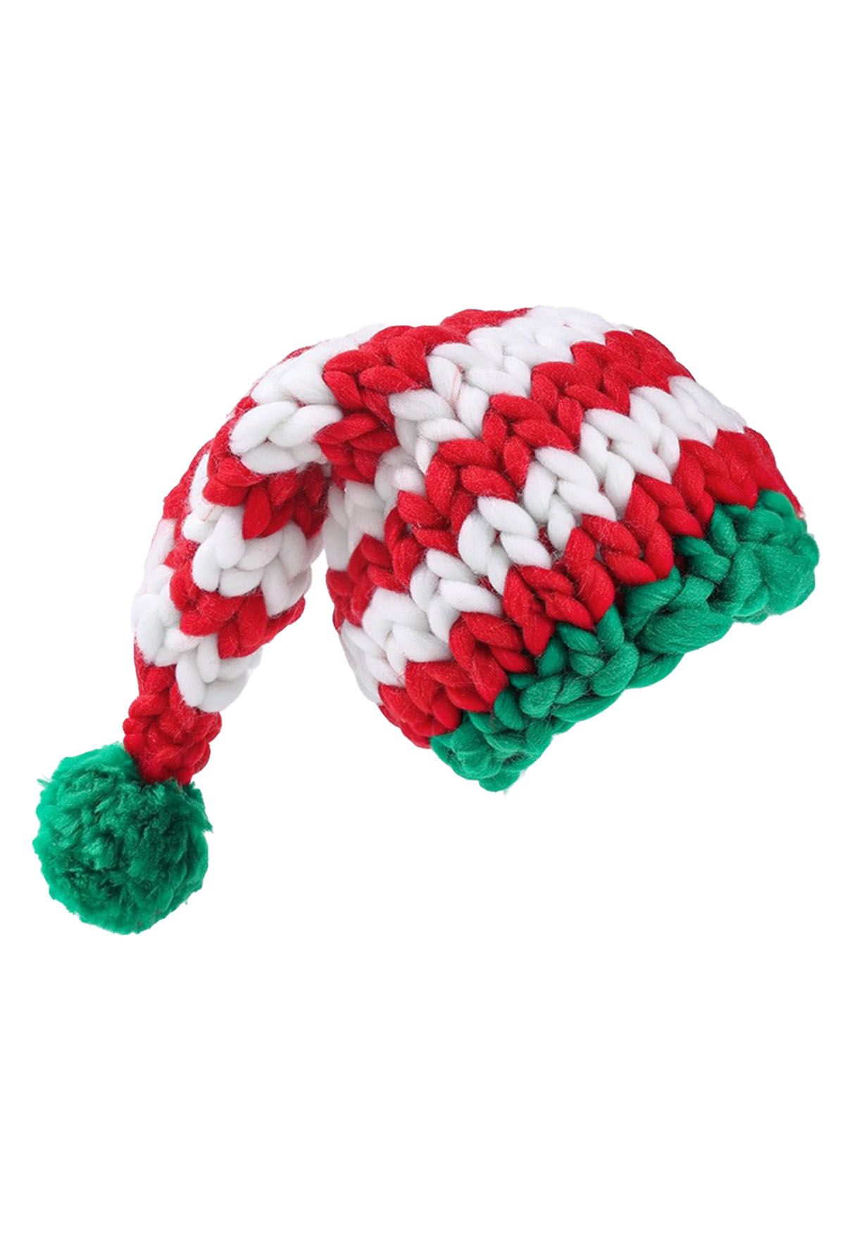 Braided Hand-Knit Pom-Pom Christmas Hat in Stripe