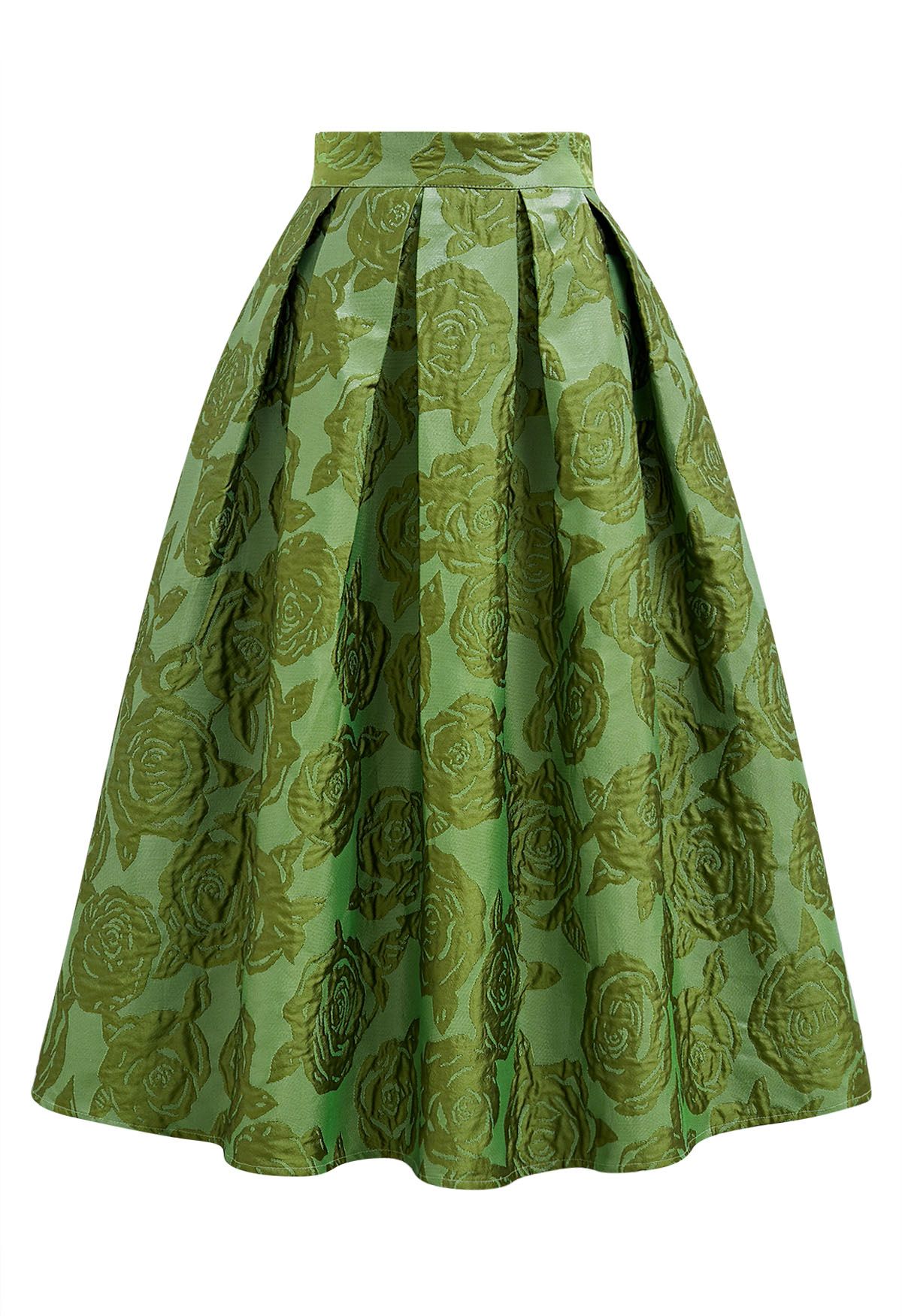 Embossed Rose Jacquard A-Line Pleated Midi Skirt in Green