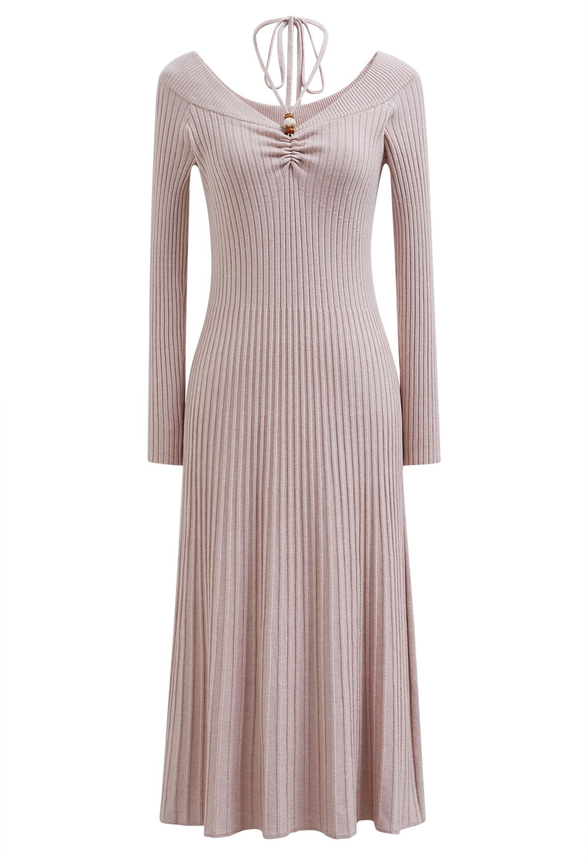 Self-Tie Halter Off-Shoulder Ribbed Knit Midi Dress in Pink