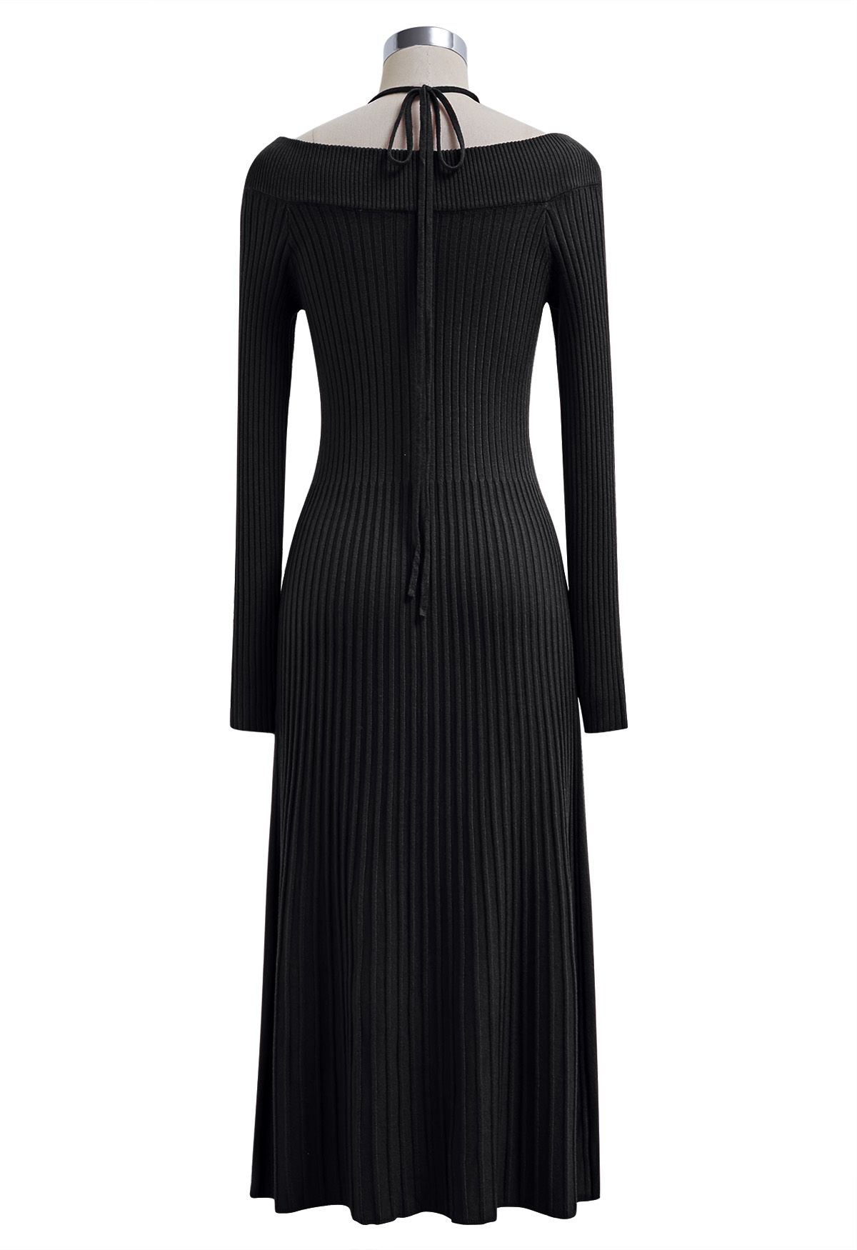 Self-Tie Halter Off-Shoulder Ribbed Knit Midi Dress in Black