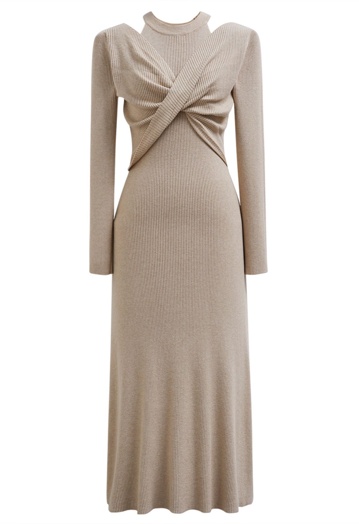 Cutout Shoulders Cross Front Knit Midi Dress in Sand