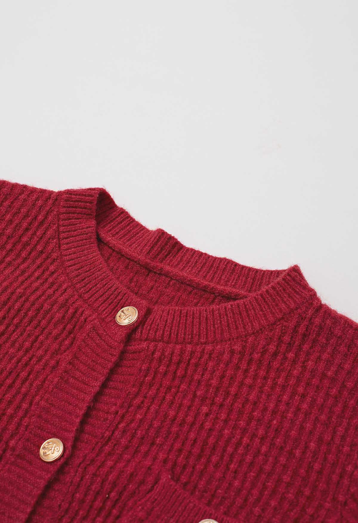 Embossed Dots Patch Pocket Buttoned Knit Cardigan in Red