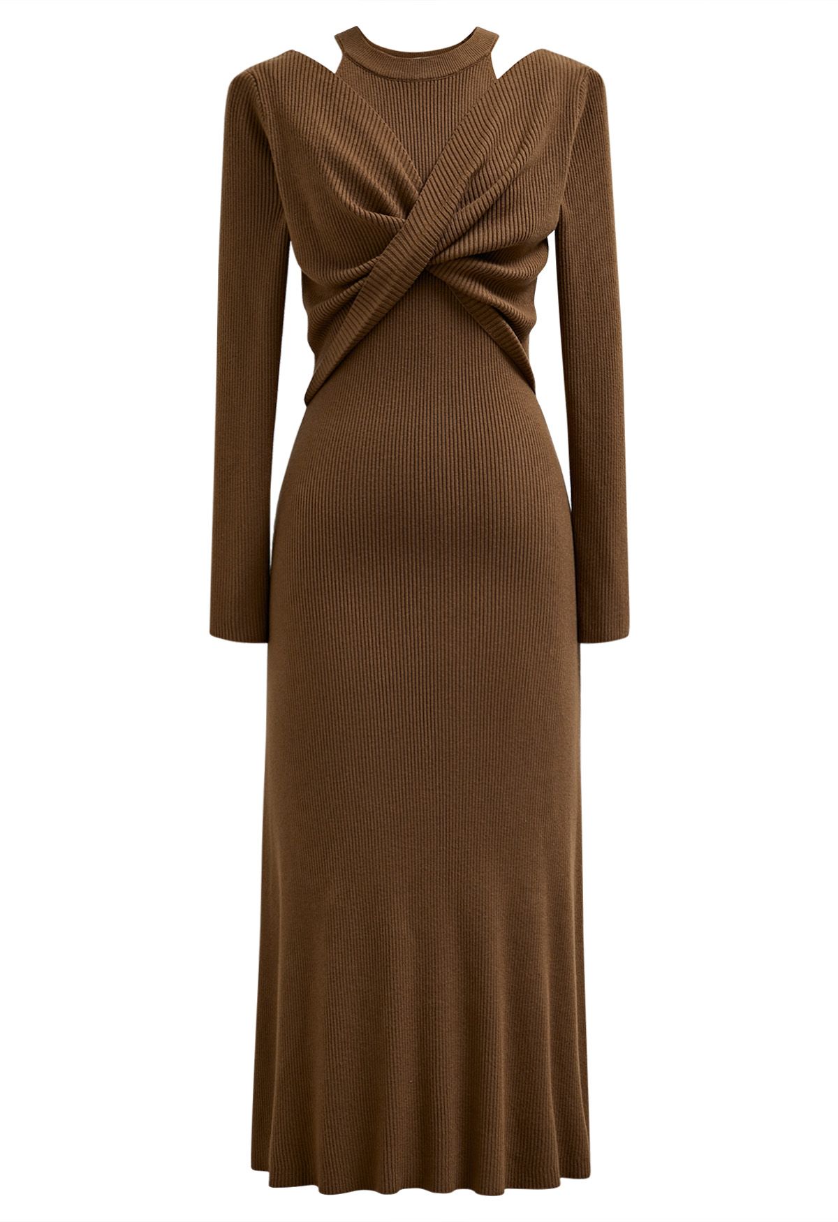 Cutout Shoulders Cross Front Knit Midi Dress in Caramel