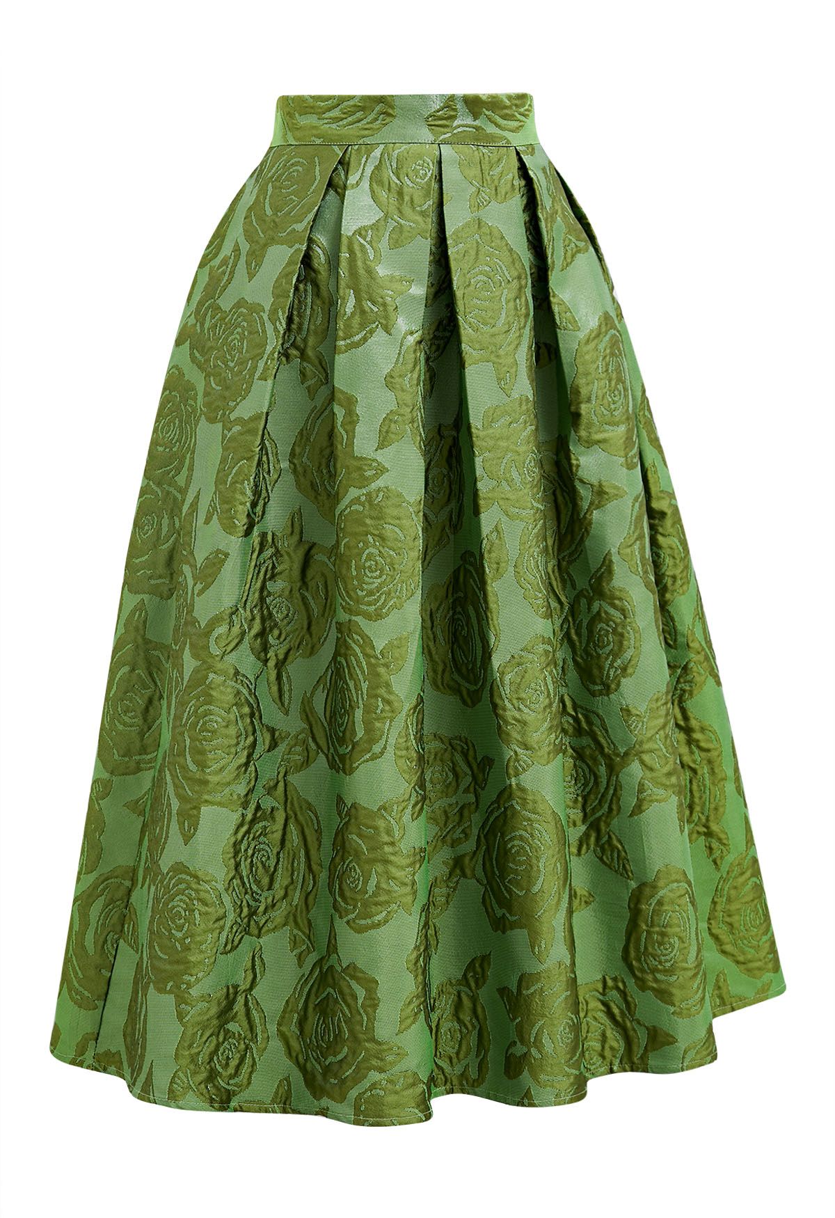 Embossed Rose Jacquard A-Line Pleated Midi Skirt in Green