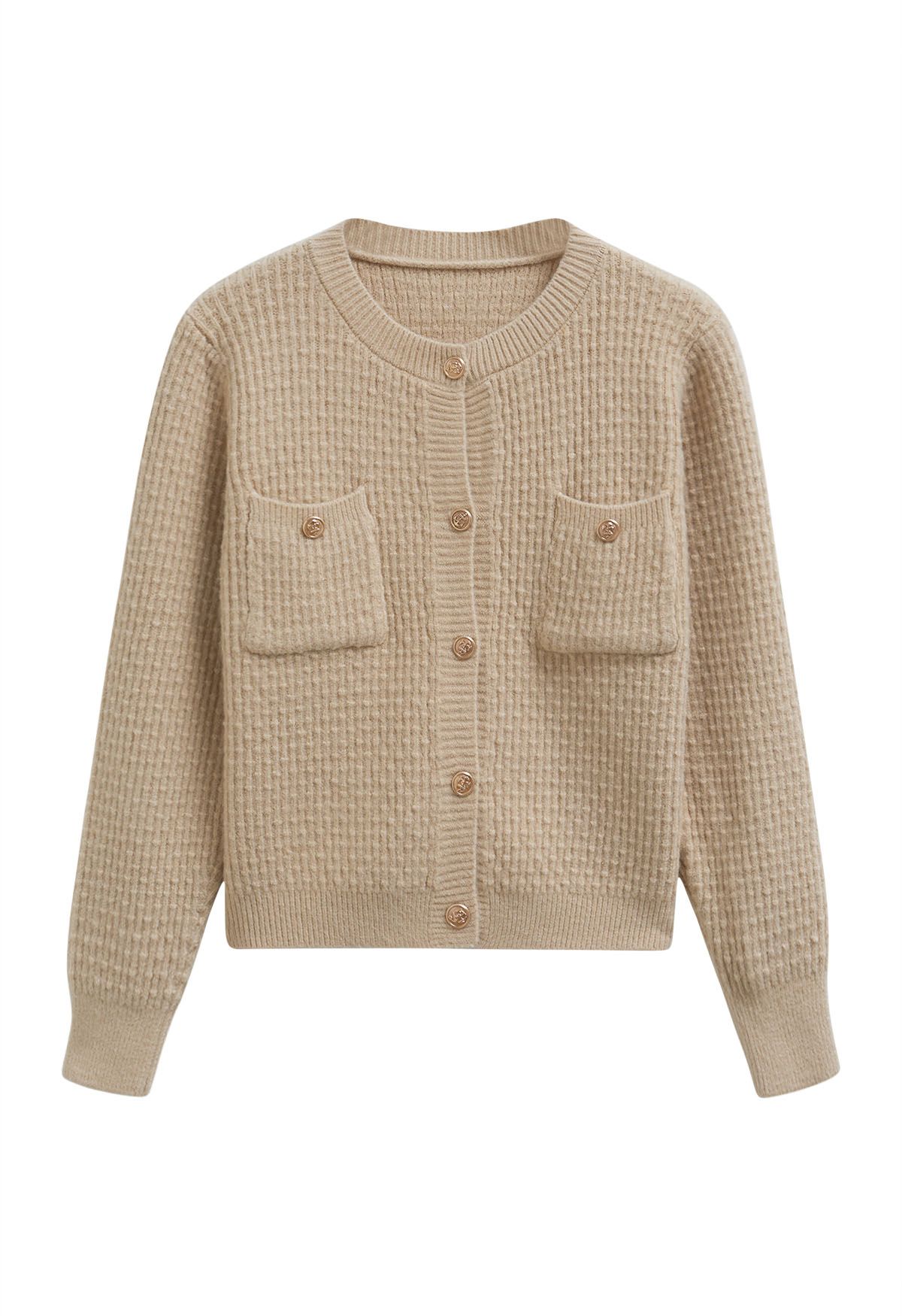 Embossed Dots Patch Pocket Buttoned Knit Cardigan in Camel