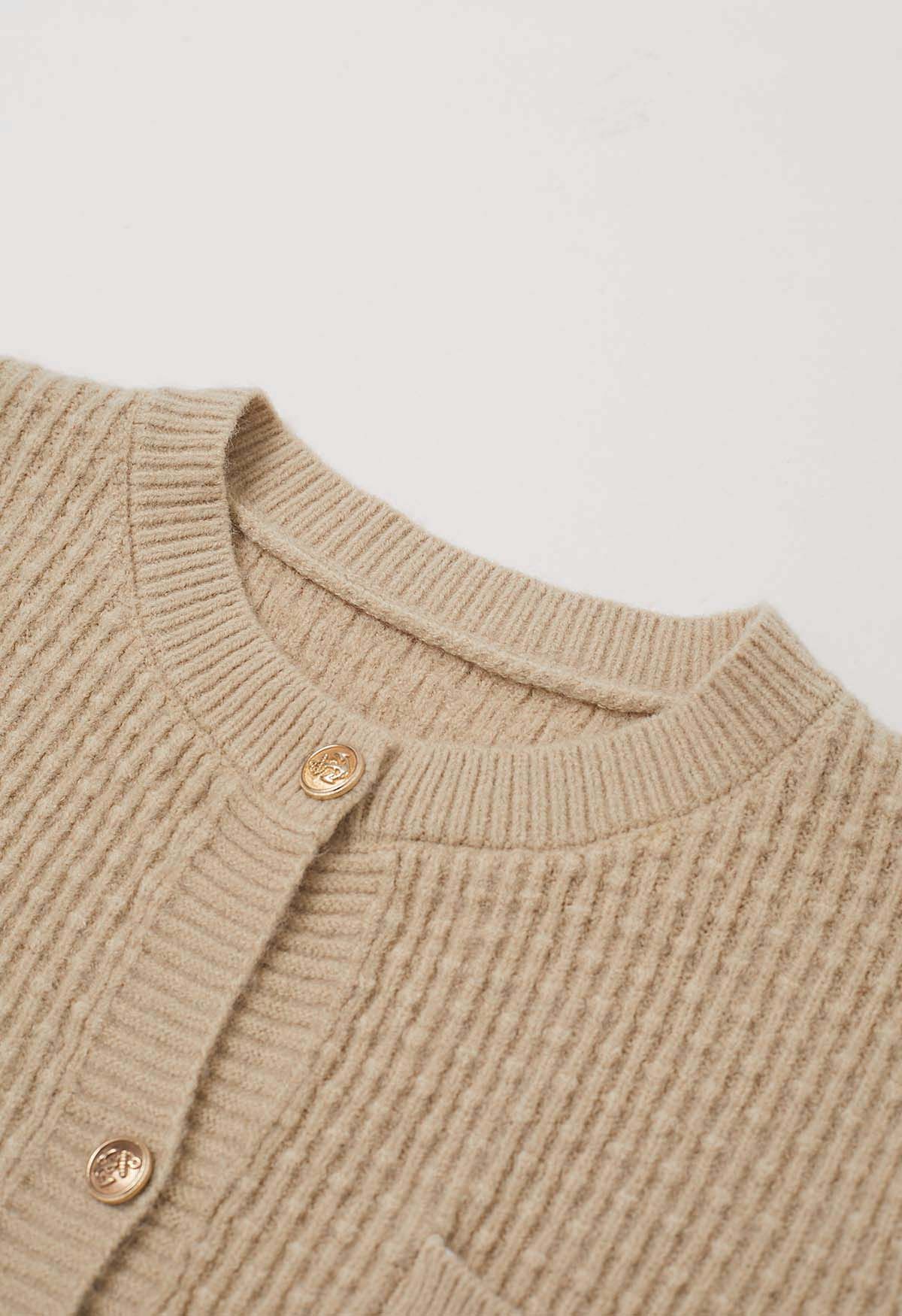 Embossed Dots Patch Pocket Buttoned Knit Cardigan in Camel