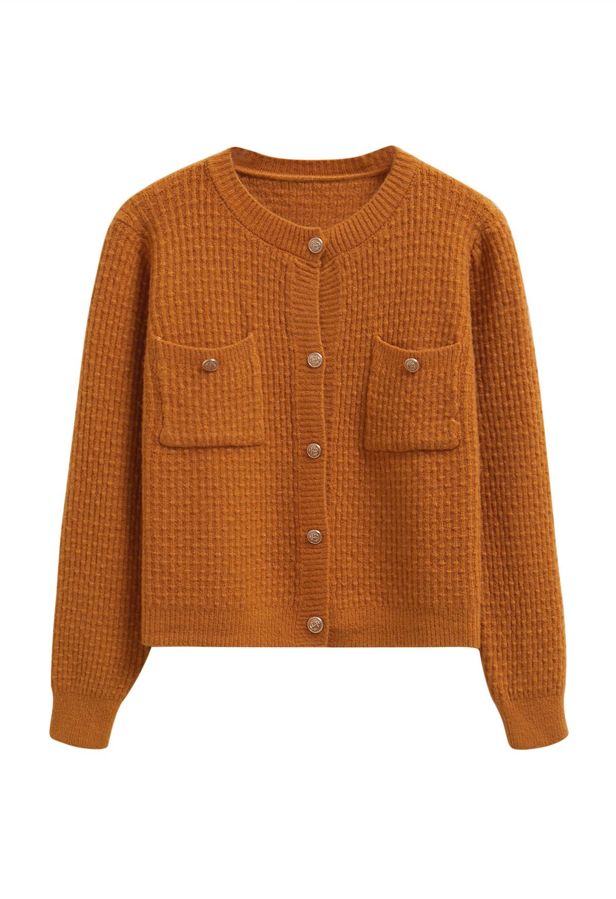 Embossed Dots Patch Pocket Buttoned Knit Cardigan in Orange