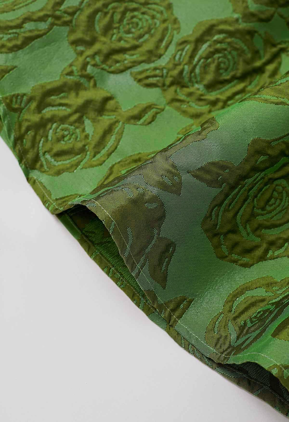 Embossed Rose Jacquard A-Line Pleated Midi Skirt in Green