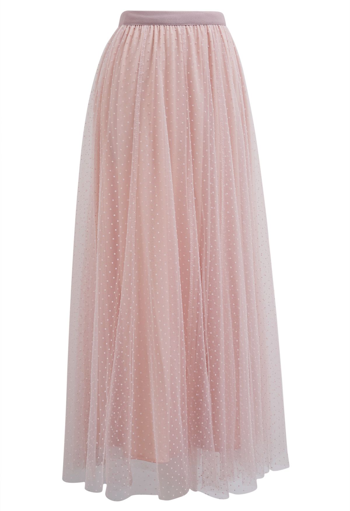 Flock Dots Double-Layered Mesh Tulle Maxi Skirt in Pink