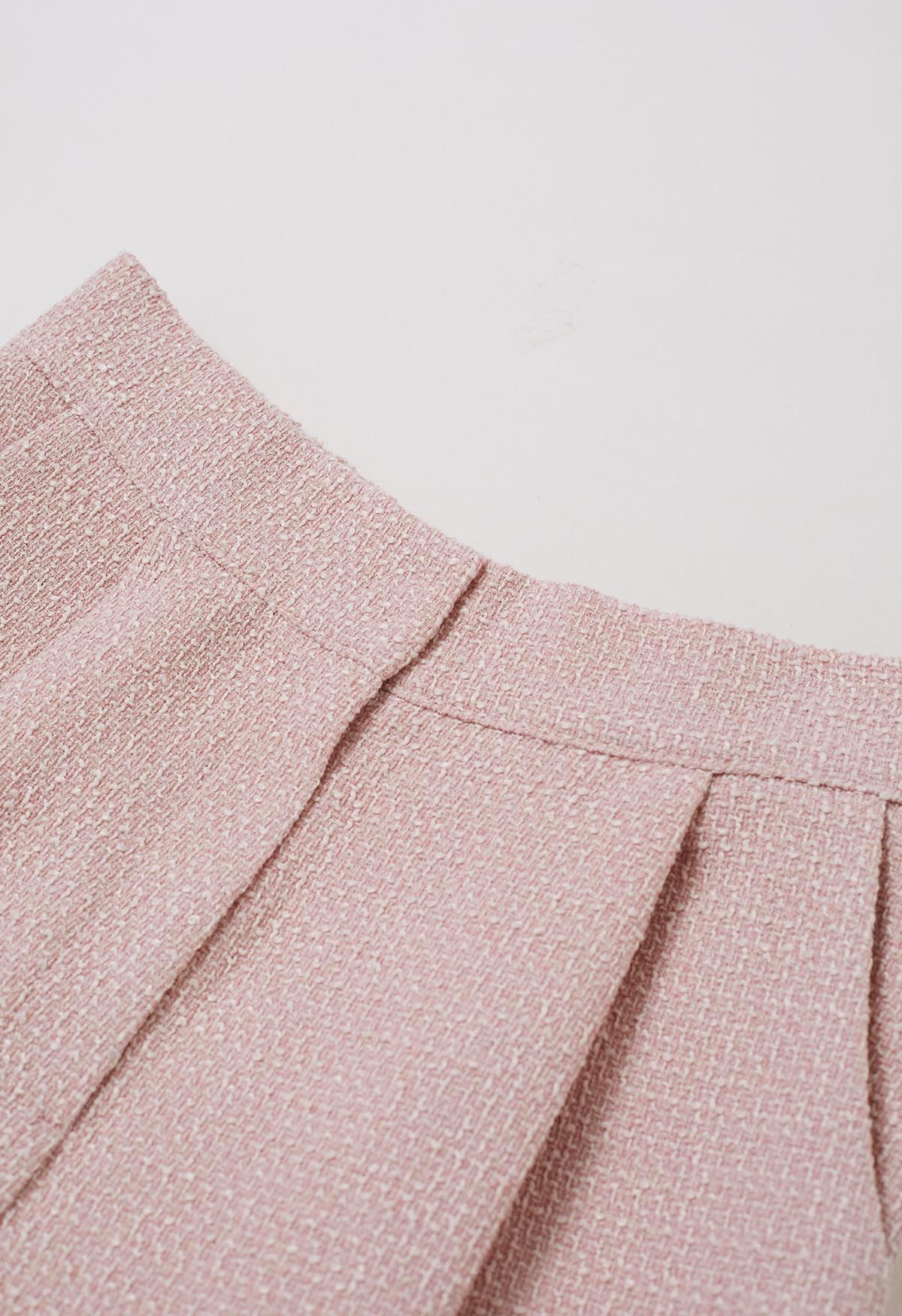 Stylish Tweed Pleats Palazzo Pants in Pink