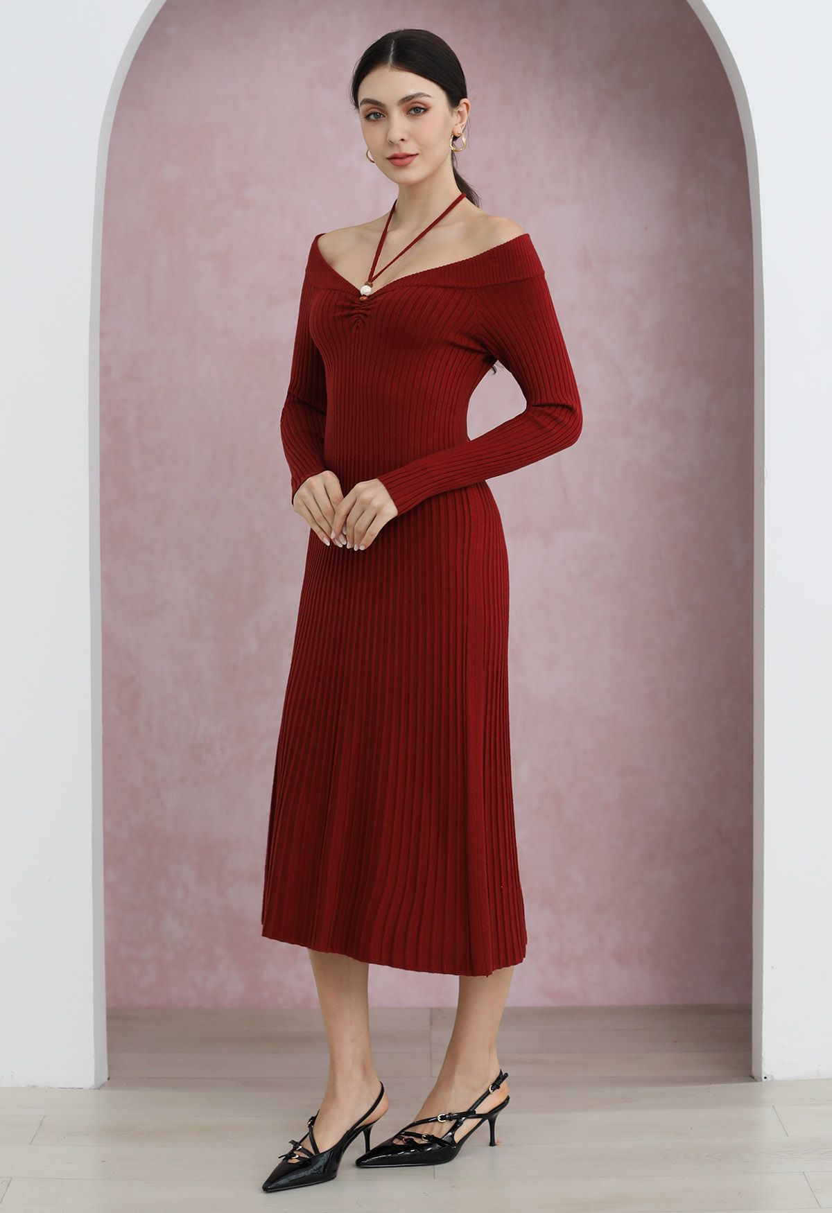 Self-Tie Halter Off-Shoulder Ribbed Knit Midi Dress in Red