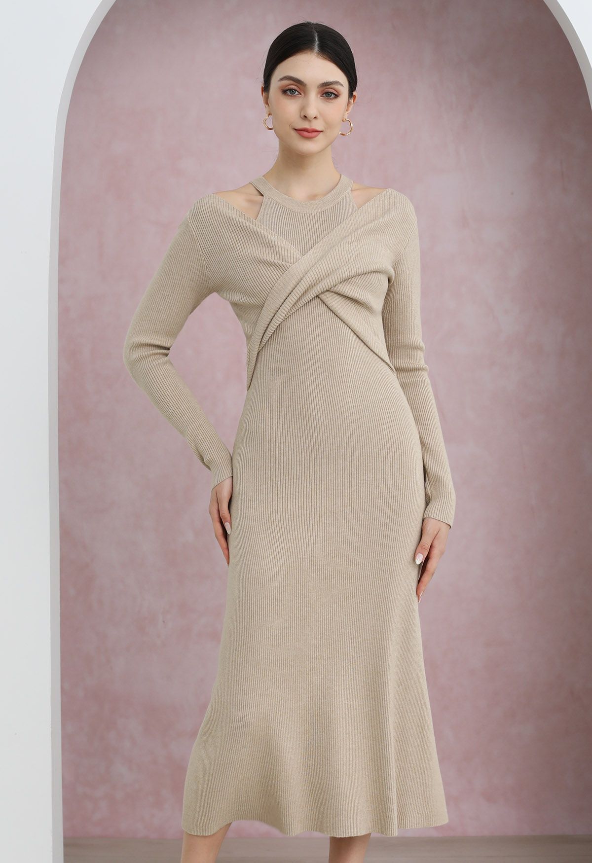 Cutout Shoulders Cross Front Knit Midi Dress in Sand