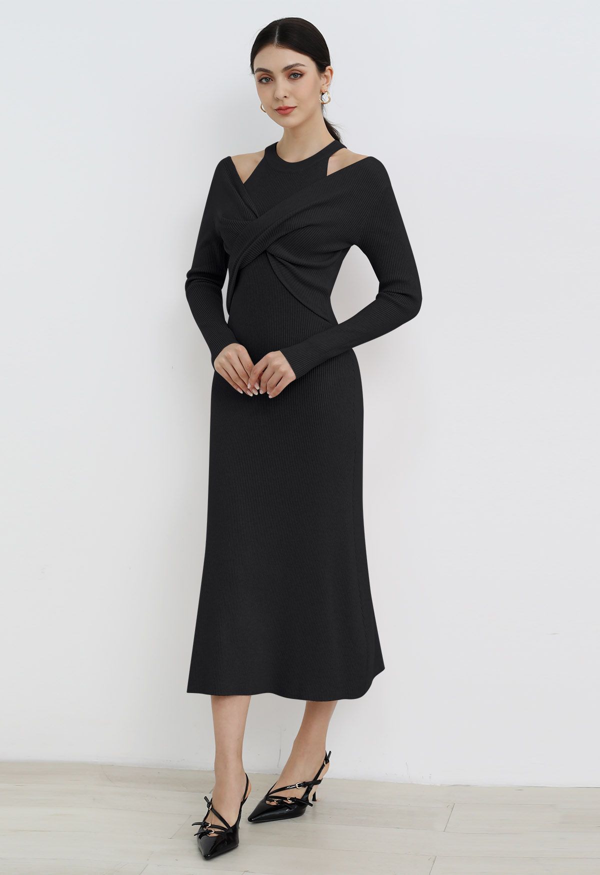 Cutout Shoulders Cross Front Knit Midi Dress in Black