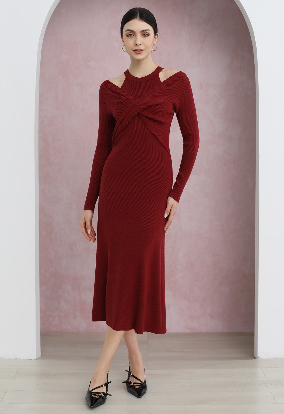 Cutout Shoulders Cross Front Knit Midi Dress in Red