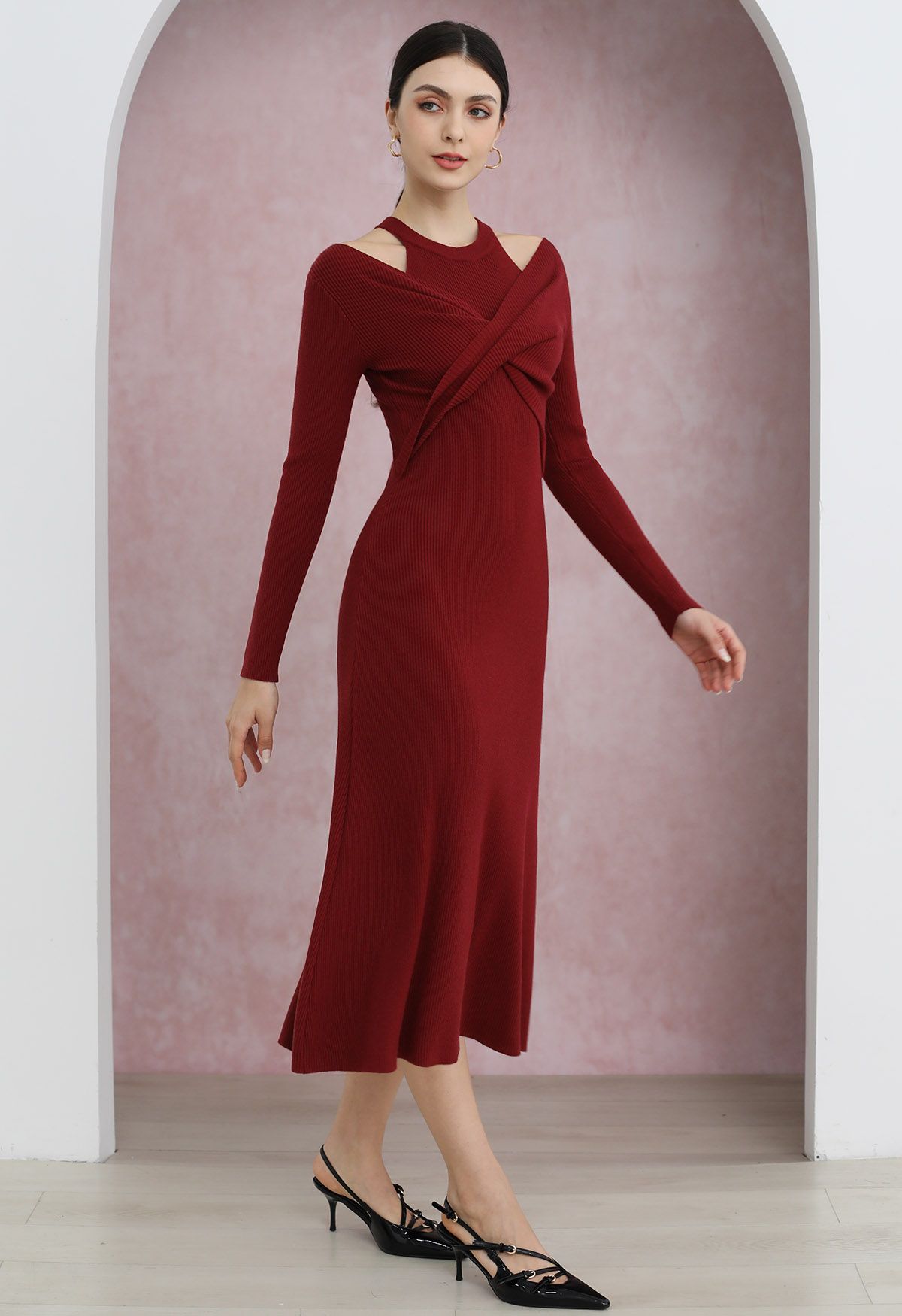 Cutout Shoulders Cross Front Knit Midi Dress in Red