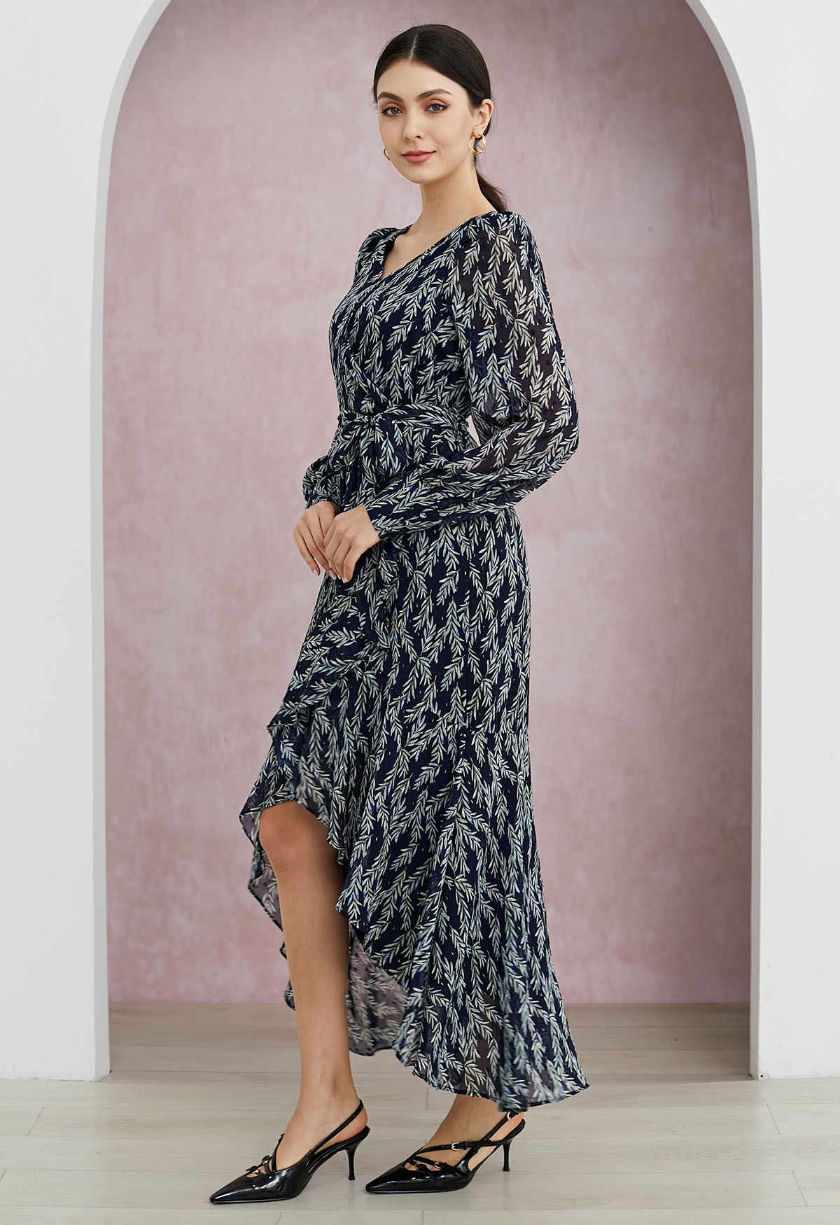 Swaying leaves Surplice Asymmetric Ruffle Hem Maxi Dress