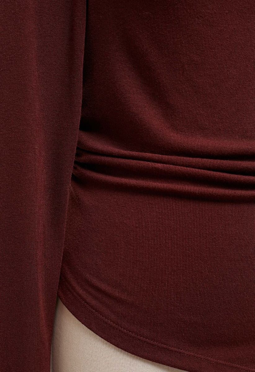 Asymmetrical Neckline Ruched Detail Top in Burgundy